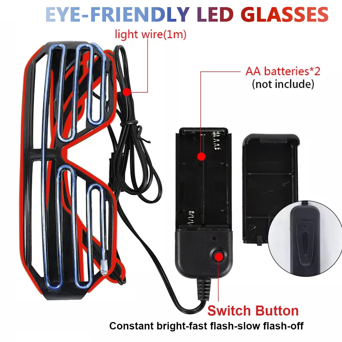PATPAT Party Glasses, Light Up Flashing Shutter Neon Glasses, Two-Tone Glasses Glow in The Dark for Rave Party, Halloween, Christmas, 3 Light Modes (Red- Blue) PATPAT Party Glasses, Light Up Flashing Shutter Neon Glasses, Two-Tone Glasses Glow in The Dark for Rave Party, Halloween, Christmas, 3 Light Modes (Red- Blue)